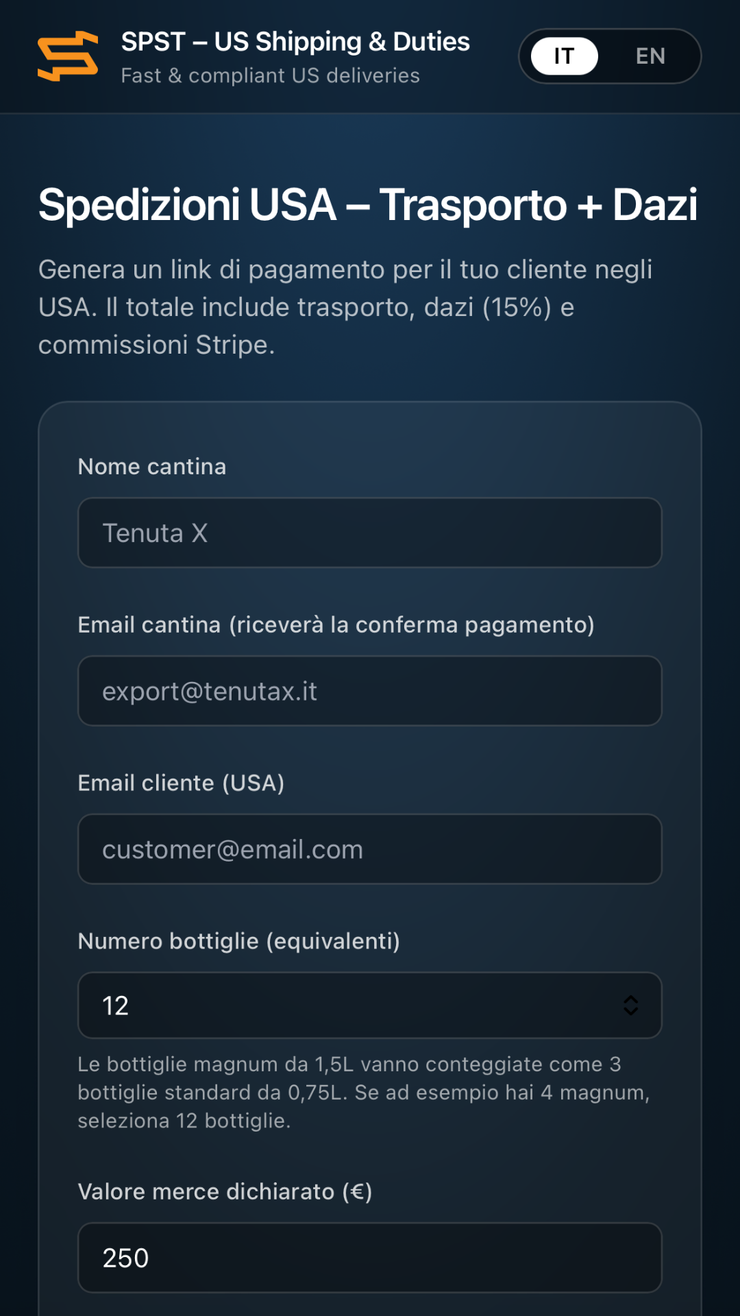 Schermata di checkout SPST Paylink USA